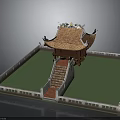 Traditional Pavilion Architecture With Curved Eaves Red Tiles Green Courtyard Stone Steps And White Fence