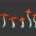 Five Red Mushroom Figurines With White Spots On Caps White Stems And Blue Bases