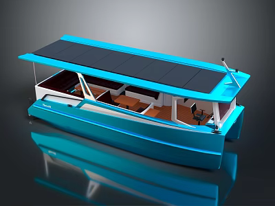 Blue Modern Yacht Design With Solar Panels And Interior Elements 3d model