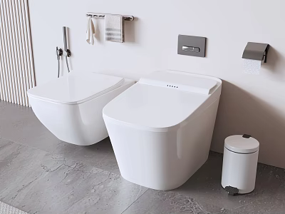 Modern White Wall Mounted Toilet With Towel Rack Toilet Paper Holder And Trash Can 3d model