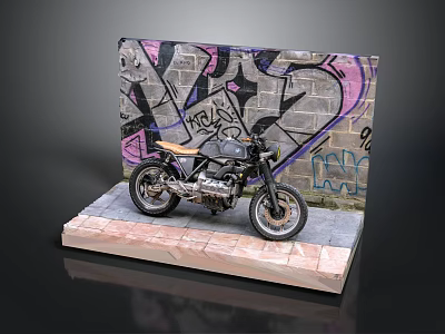 Stylish Black Motorcycle Displayed On Stand With Colorful Graffiti Wall Background 3d model