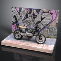 Stylish Black Motorcycle Displayed On Stand With Colorful Graffiti Wall Background