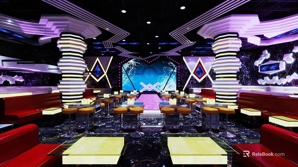 Modern Bar Interior With Stylish Lighting Decorative Columns And Seating Areas 3d model