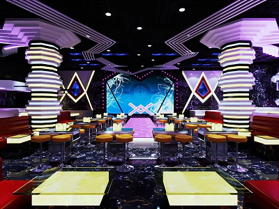 Modern Bar Interior With Stylish Lighting Decorative Columns And Seating Areas 3d model