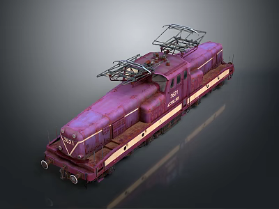Vintage Purple Train Locomotive With Dual Pantographs And Yellow Stripes 3d model