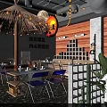 Japanese Style Restaurant Interior Featuring Straw Hat Umbrella Circular Decor Wooden Elements And Green Plants