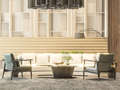 Modern Living Room Sofa Coffee Table Combination With Armchairs Wooden Wall And Lattice Design 3d model