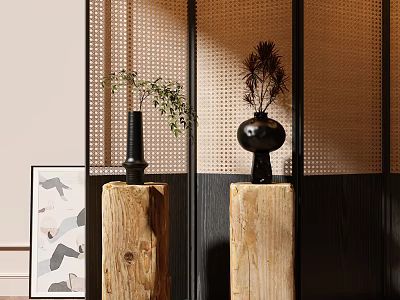 Elegant Bonsai Potted Plants On Wooden Pedestals With Decorative Screens And Artwork 3d model