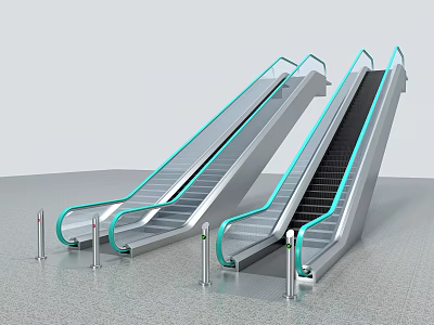Modern Escalator With Silver Metal Frame Transparent Glass Handrails Black Steps And Safety Rails 3d model