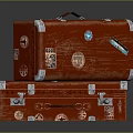Red Wooden Textured Luggage With Silver Corners Locks and Decorative Stickers Stacked for Home Storage