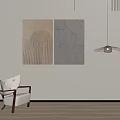 Abstract Wall Art With Geometric Panels And Modern Pendant Light Near White Chair