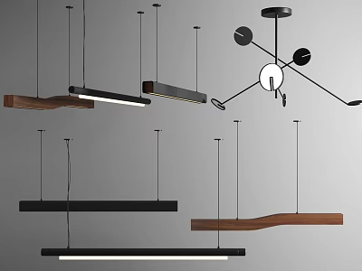 Modern Pendant Chandeliers Featuring Wooden Black Metal Linear And Curved Designs 3d model