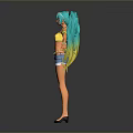 Cartoon Character Girl With Blue Green Long Hair Double Ponytails Red Bow And Denim Shorts