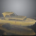 Yellow Motorboat with Cabin Railing and Worn Surface on Dark Background with Reflection