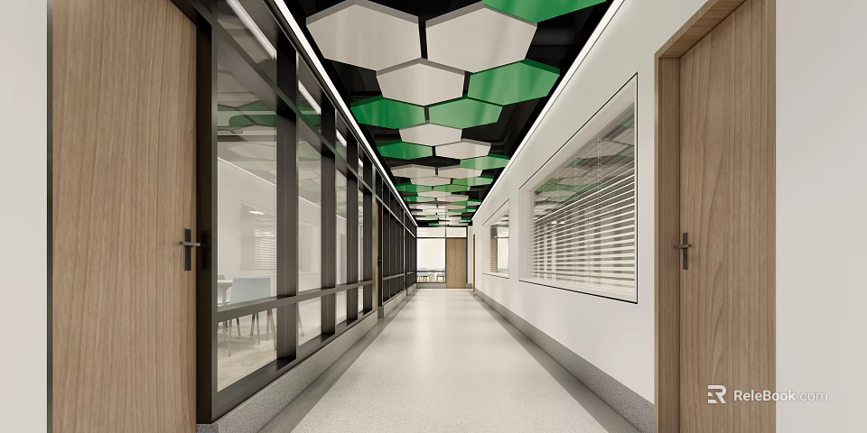 Modern Office Corridor With Hexagonal Ceiling Glass Walls And Wooden Doors 3d model 