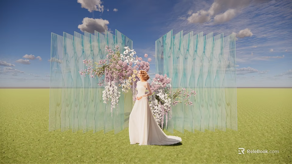 Woman In White Dress On Green Grass With Transparent Blue Screens Purple White Flowers 3d model 