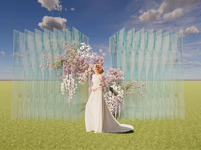 Woman In White Dress On Green Grass With Transparent Blue Screens Purple White Flowers 3d model