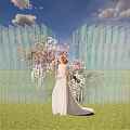 Woman In White Dress On Green Grass With Transparent Blue Screens Purple White Flowers