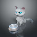 White Cat With Blue Eyes And Silver Bowl On Dark Background