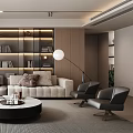 Modern Minimalist Living Room With Large Windows Bookshelves And Beige Sofa