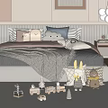 Cozy Double Bed With Stuffed Toys Pillows And Soft Blanket In Modern Bedroom