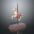 Artistic Carousel Horse Sculpture with Wooden Base Golden Pole and Red Saddle