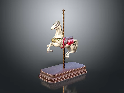 Artistic Carousel Horse Sculpture with Wooden Base Golden Pole and Red Saddle 3d model