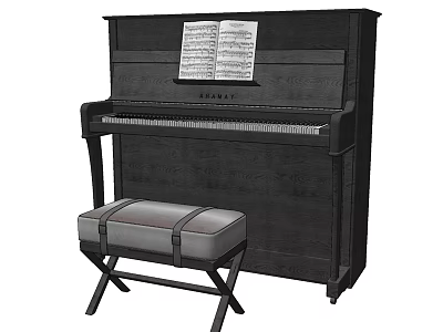 Black Piano With Music Sheet And Padded Bench In Classic Design 3d model