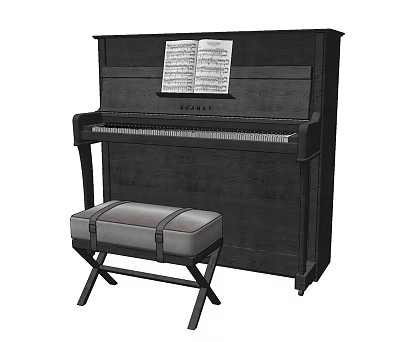 Black Piano With Music Sheet And Padded Bench In Classic Design 3d model