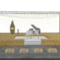 Rustic Outdoor Stage With White Piano Straw Decorations String Lights And Hay Bale Seats