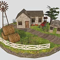 Pastoral Landscape with Windmill Hay Bales Stone House Greenhouse White Fence and Dirt Path
