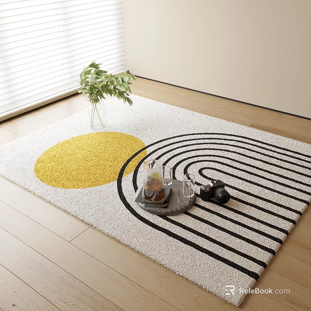 Square Rug Featuring Yellow Circle And Black Wavy Lines On Wooden Floor With Green Plant 3d model 