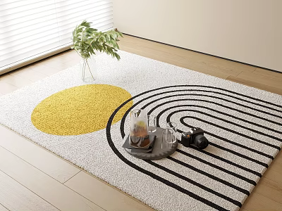 Square Rug Featuring Yellow Circle And Black Wavy Lines On Wooden Floor With Green Plant 3d model