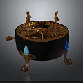 Ornate Mechanical Device With Circular Gear Mechanism Bronze Statues And Blue Gemstones