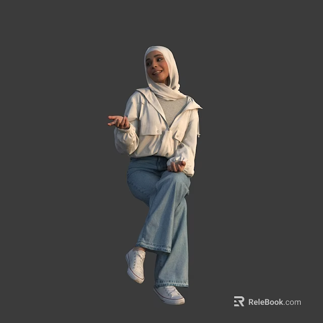 Woman with Hijab Wearing White Jacket Blue Jeans and White Sneakers Posing 3d model 