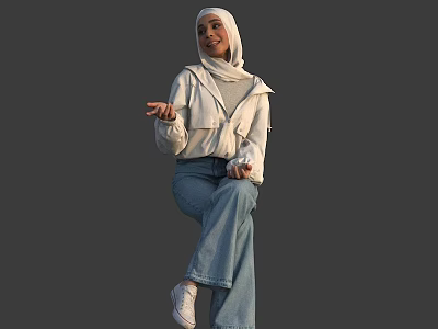 Woman with Hijab Wearing White Jacket Blue Jeans and White Sneakers Posing 3d model