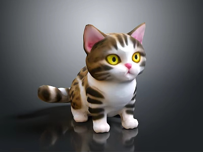 Stuffed Cat With Brown White Stripes Yellow Eyes Pink Ears Sitting On Dark Background Reflection 3d model