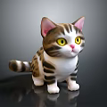 Stuffed Cat With Brown White Stripes Yellow Eyes Pink Ears Sitting On Dark Background Reflection