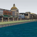 Vibrant Commercial Street Featuring World Market Traditional Modern Buildings Wooden Walkway and Pedestrians