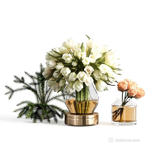 Decorative Glass Vase with Gold Base White Tulips Orange Blossoms and Green Foliage 3d model 