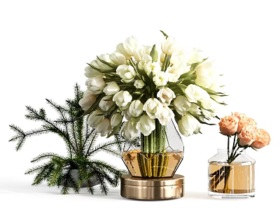 Decorative Glass Vase with Gold Base White Tulips Orange Blossoms and Green Foliage 3d model