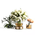 Decorative Glass Vase with Gold Base White Tulips Orange Blossoms and Green Foliage