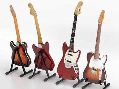 Four Colorful Electric Guitars As Musical Instruments On Stands With Different Hues 3d model