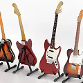 Four Colorful Electric Guitars As Musical Instruments On Stands With Different Hues