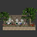 Cartoon Scene of Thatched Cottage with Lush Trees Colorful Flowers and Garden Pathway