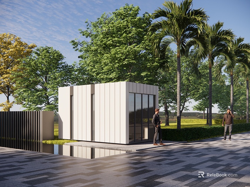 Modern Entrance Gate With Palm Trees Greenery People Standing On Paved Ground 3d model 