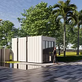Modern Entrance Gate With Palm Trees Greenery People Standing On Paved Ground