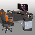Modern Gaming Desk Setup With Black Orange Chair Monitor And PC Case