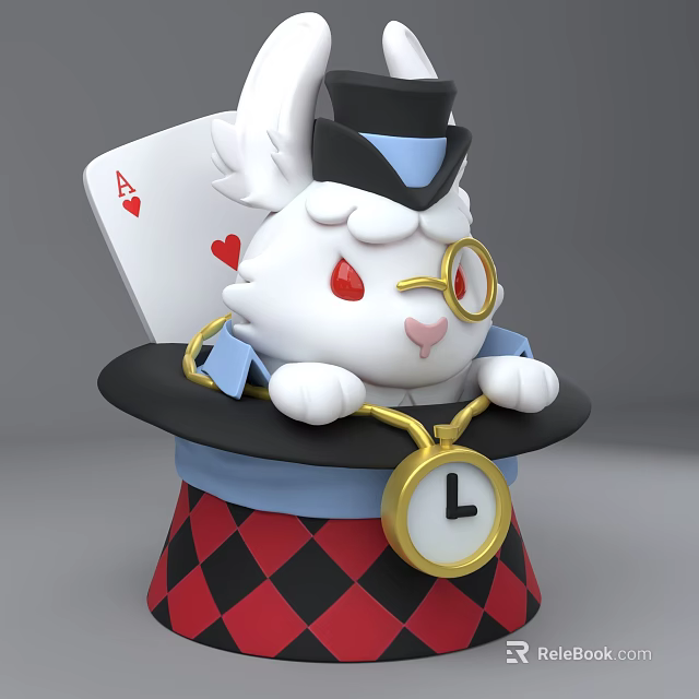 Cartoon White Rabbit With Black Top Hat Ace Of Hearts Card And Gold Pocket Watch 3d model 
