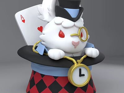 Cartoon White Rabbit With Black Top Hat Ace Of Hearts Card And Gold Pocket Watch 3d model